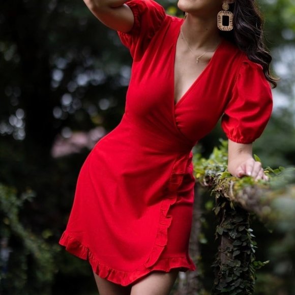 Puff Sleeve Ruffle Trim Wrap Dress - Picture 7 of 10